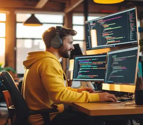 Hombre frente a una computadora trabajando en diseño web